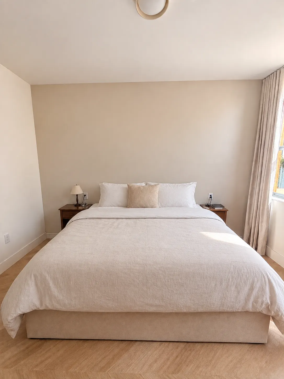 The bedroom before: a bed against a plain beige wall, with two small wooden nightstands and no built-in storage