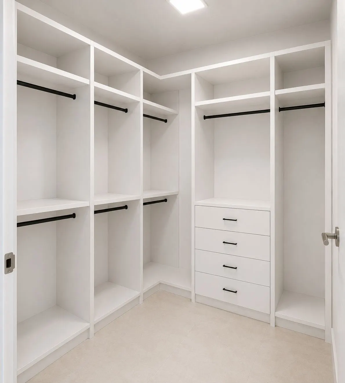Corner walk-in closet in white with double hanging rails, open shelving and a bank of drawers