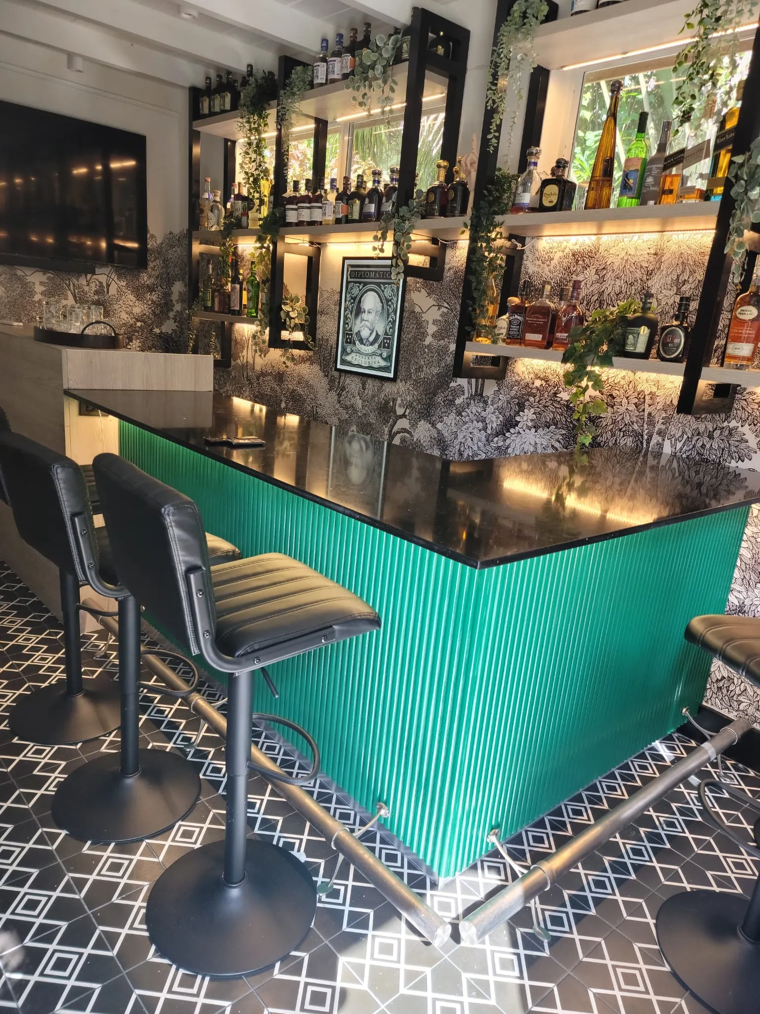 Custom bar with a fluted green front, a black stone top and backlit shelving lined with bottles and trailing plants